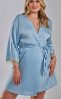 Silky Short Robe In Gold Lace Trim (Blue)