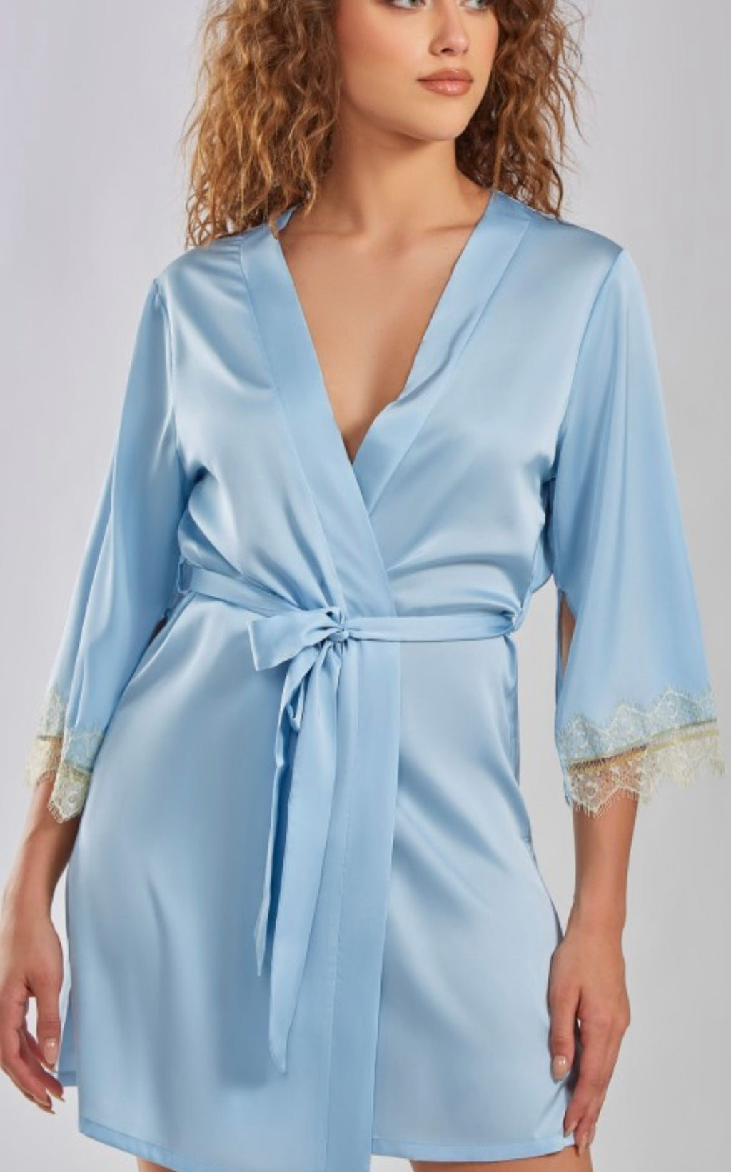 Silky Short Robe In Gold Lace Trim (Blue)