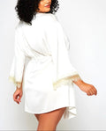 Silky Short Robe In Gold Trim (White - Pre- Order Ships in 5 business days)